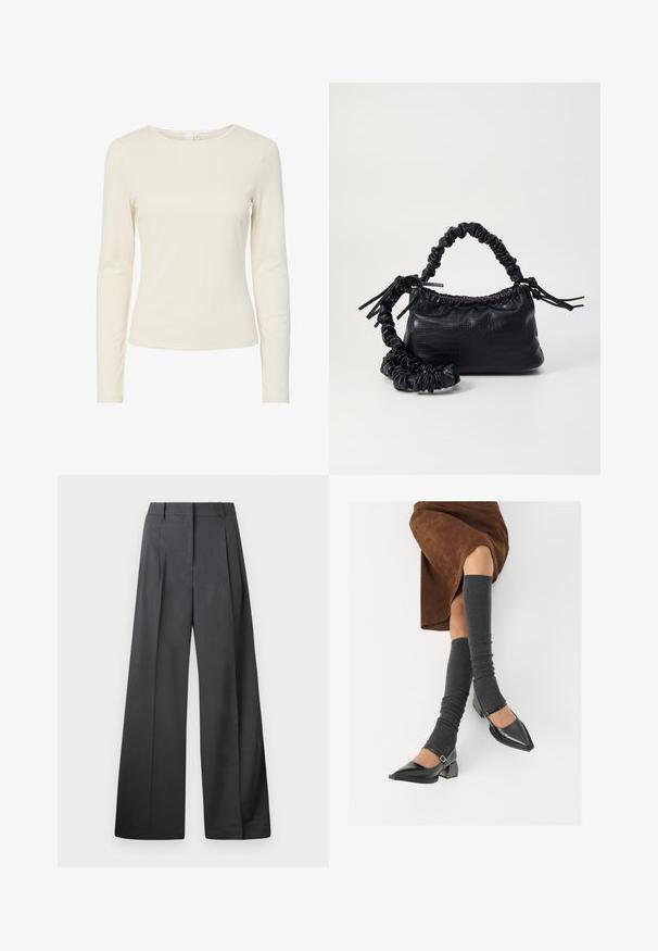 Kremfarget, langermet, tettsittende skjorte for kvinner med rund hals og glatt tekstur, vist mot en hvit bakgrunn.; Vide bukser i mørkegrått stoff med høy livlinje, enkel press, og en glatt tekstur med en ren finish på ermekantene.; Sorte lakkpumps med spiss tå, blokkhel, og ankelstropp, kombinert med grå ribbestrikkede beinvarmere og et brunt semsket skinn skjørt.; Svart faux skinn-håndveske med krokodilletekstur, strammet topp og en rynket stropp. Ser myk og kompakt ut i designen.