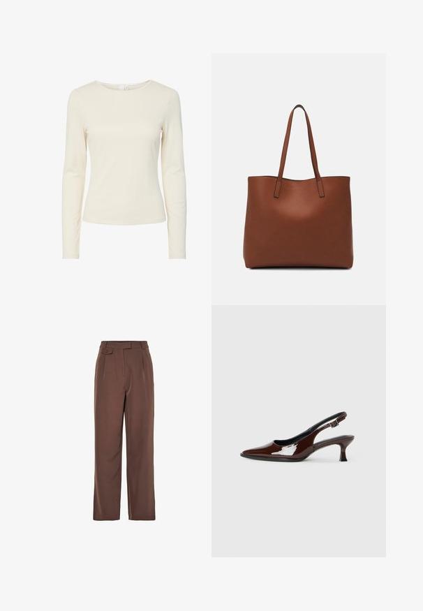 Cremefarvet, langærmet, tætsiddende kvindeskjorte med rund halsudskæring og glat tekstur, præsenteret på en hvid baggrund.; Brune vævede bredbenede bukser med høj talje, frontfolder og knapdetalje. Glat tekstur med en skræddersyet design.; Brun patenteret læder slingback sko med spids tå og en moderat hæl. Har en spænde rem for en sikker pasform. Glat tekstur.; Brun læder tote taske med en glat overflade, åben topdesign og to skulderremme. Har minimal syning og ingen synlig hardware.