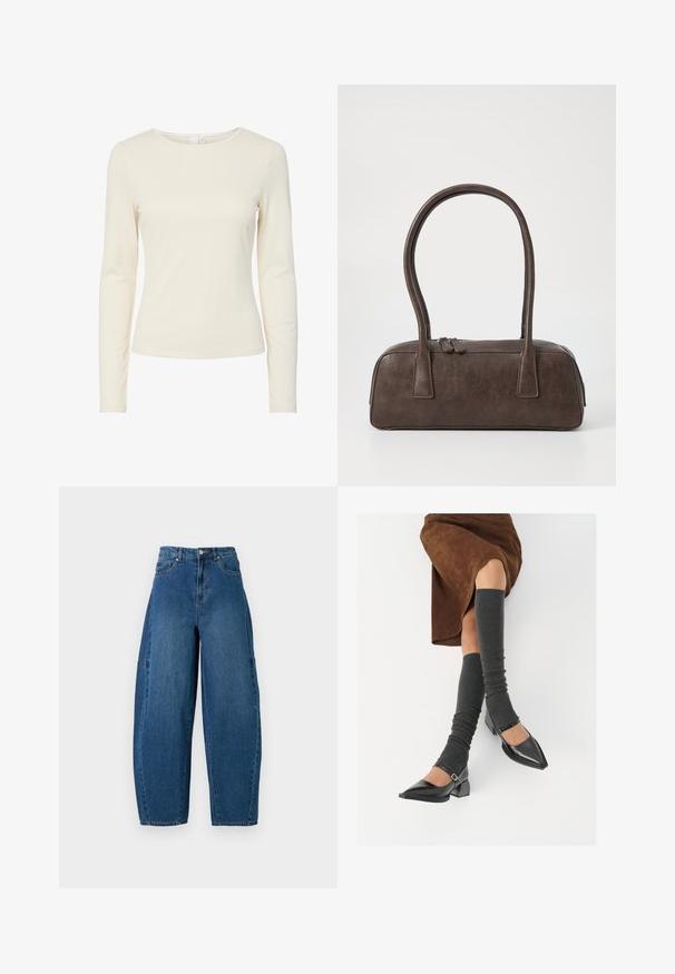 Kremkrāsas, garām piedurknēm, pieguļošs sieviešu krekls ar apaļu kakla izgriezumu un gludu tekstūru, izstādīts uz baltas fona.; Denim bikses vidējā zilā krāsā ar augstu jostasvietu, platām kājām un standarta piecu kabatu dizainu ar redzamām šuvju detaļām.; Melnas laka ādas apavi ar norādītu purngalu, blokveida papēdi un potīšu jostu, saskaņoti ar pelēkām ribotām kāju sildītājām un brūnu zamšādas svārku.; Brūna ādas rokassoma ar divām izturīgām rokturām, taisnstūra forma, gluda tekstūra un ar rāvējslēdzēju. Minimālisma dizains bez redzamām rakstzīmēm.