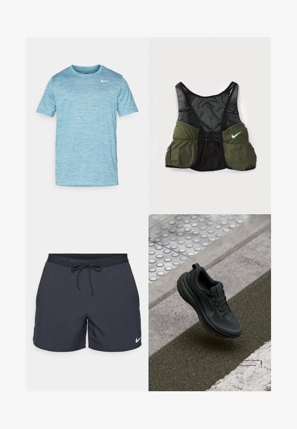 T-shirt azul claro de manga curta feito de um tecido leve e texturizado. Possui um decote redondo e um pequeno logótipo branco no peito.; Calções de corrida Nike, cinza escuro, cintura elástica com cordão, bolsos laterais, tecido leve, apresentando um logo Nike branco na parte inferior da bainha.; Sapatilha atlética preta com parte superior de tecido liso, sola texturizada e detalhes reflectores. Apresenta um bico arredondado e design de atacadores.; Colete de corrida em trilhos da Nike em preto e verde oliva. Apresenta material em malha, correias ajustáveis e múltiplos bolsos de armazenamento na frente.
