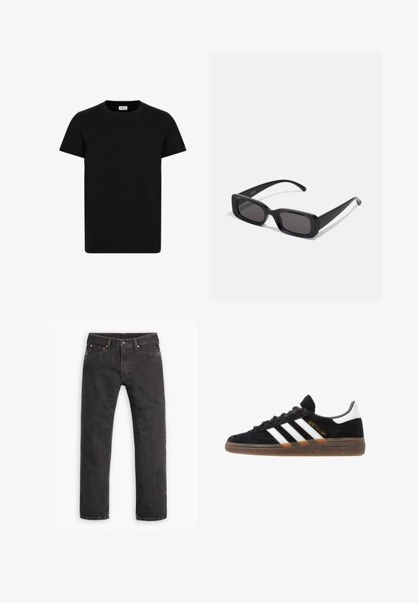 Black cotton t-shirt with a crew neck, short sleeves, and a straight hem. Features a small logo tag on the lower side. Regular-fit style.; Black straight-leg denim jeans with five pockets, button closure, and copper rivets laid flat on a white background.; Black Adidas sneaker with white stripes, gold "Spezial" text, gum sole, and white heel tab, shown in profile view.; Black rectangular sunglasses with dark lenses, glossy finish, wide arms, and a chunky frame design. Engraved brand name on one arm.
