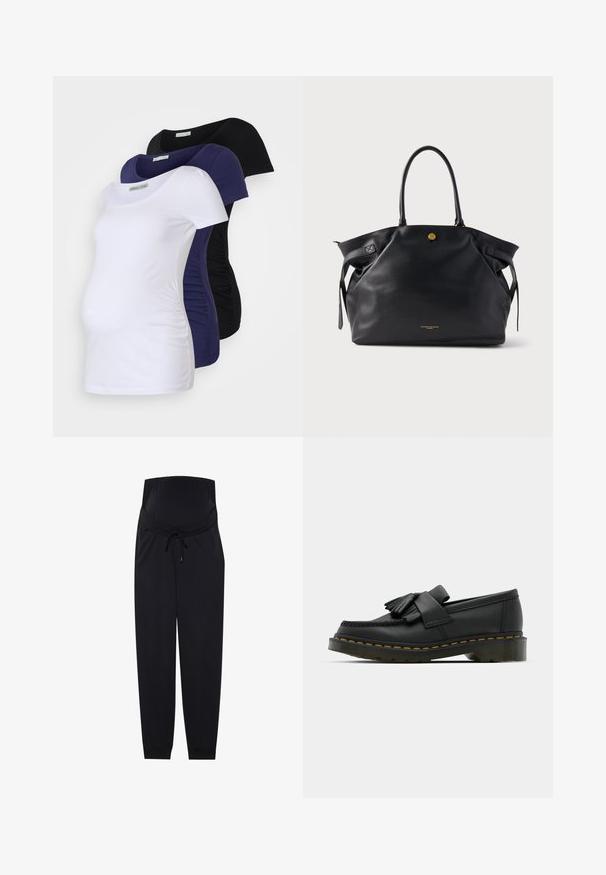 Maternity T-shirts in three colors: white, navy, and black. Soft cotton, short-sleeve design with gathered sides for comfort and fit.; Black maternity joggers made from soft fabric, featuring an elastic waistband, drawstring closure, and tapered cuffs at the ankles.; Black leather loafers with a rounded toe, featuring a fringed detail and a decorative band across the front, set on a chunky heel.; Black leather tote bag with a textured surface, gold hardware, and two rounded handles. Features a secure closure and minimal branding.