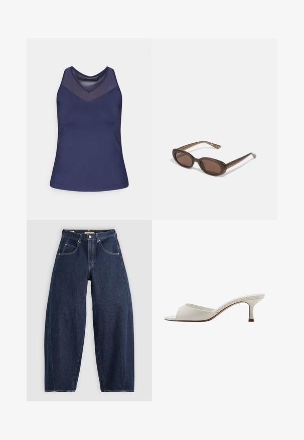 Navy blue tank top with a V-neck and mesh panel design. Smooth fabric with a fitted shape and stitched hem.; Dark blue denim jeans with a loose fit, light stitching, five pockets, and a button closure at the waistband.; White open-toed high-heeled mules with a smooth finish, minimalist design, and a slender heel, featuring a subtle brown accent on the sole.; Brown oval sunglasses with dark lenses. Frame has a transparent brown material and features a logo printed on the temples.; Green leather handbag with a smooth texture, curved shape, and braided handle. Features a zip closure and an adjustable strap.