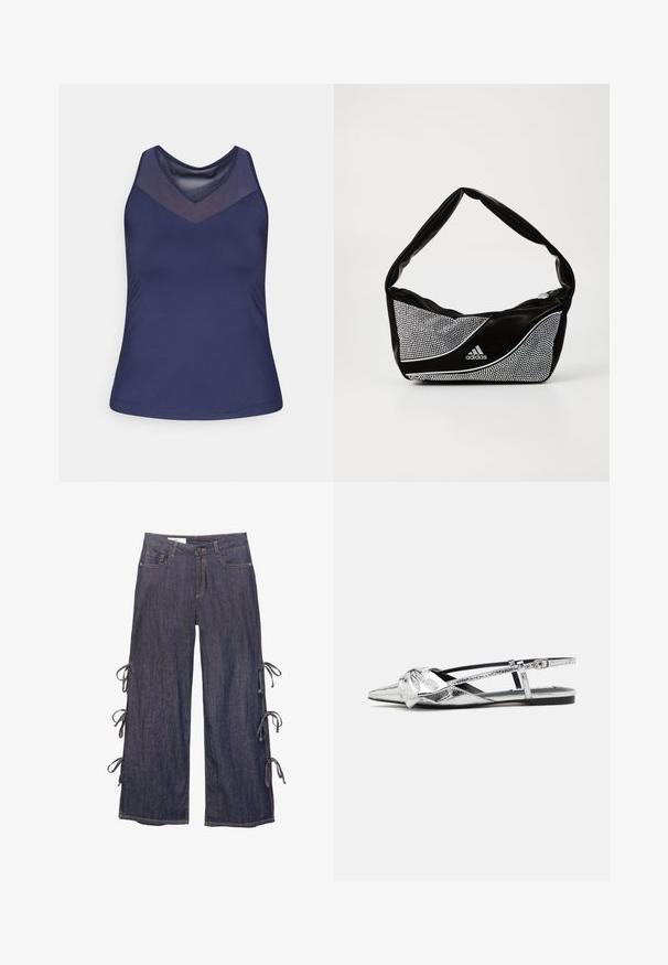 Marineblauwe tanktop met een V-hals en mesh paneelontwerp. Glad materiaal met een aansluitende pasvorm en gestikte zoom.; Denim wijde broek in donkerblauw met zijstrikken en een knoopsluiting. Heeft voorzakken en een ontspannen silhouet.; Zilver metallic slingback ballerina's met een spitse neus, voorzien van een knoopdetail aan de voorkant en een verstelbare band voor een secure pasvorm.; Zwarte en zilveren adidas-handtas met een gladde textuur, voorzien van een glanzend gestofd patroon en een onderscheidend gebogen ontwerp.