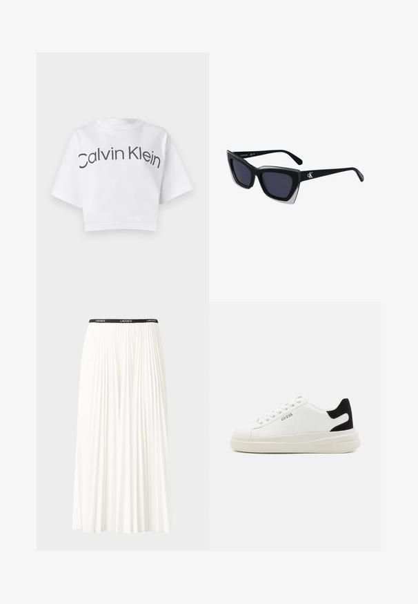 Camiseta corta blanca de algodón, con un cuello redondo y mangas cortas. "Calvin Klein" está impreso en letras negras en negrita en la parte frontal.; Falda blanca plisada con una cinturilla elástica negra que presenta el logotipo "LACOSTE". Diseño de longitud media con textura suave.; Zapatillas blancas de cuero con una suela blanca gruesa, acento en el talón de ante negro y logo grabado en el lateral. Diseño de cordones con seis ojales.; Gafas de sol negras de gran tamaño con una forma geométrica, que presentan lentes oscuros y un detalle gris contrastante en la montura. Logo en la pata.