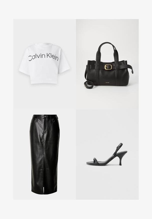 White cropped t-shirt made of cotton, featuring a round neckline and short sleeves. "Calvin Klein" is printed in bold black letters across the front.; Black leather midi skirt featuring a straight cut, front slit, and classic five-pocket design with metal hardware accents.; Black leather high-heeled sandals with a slim, curved heel and a crossed strap design. Adjustable ankle strap. Smooth texture.; Black leather handbag featuring a structured design, dual top handles, gold-tone buckle accent, and embossed brand logo at the front.