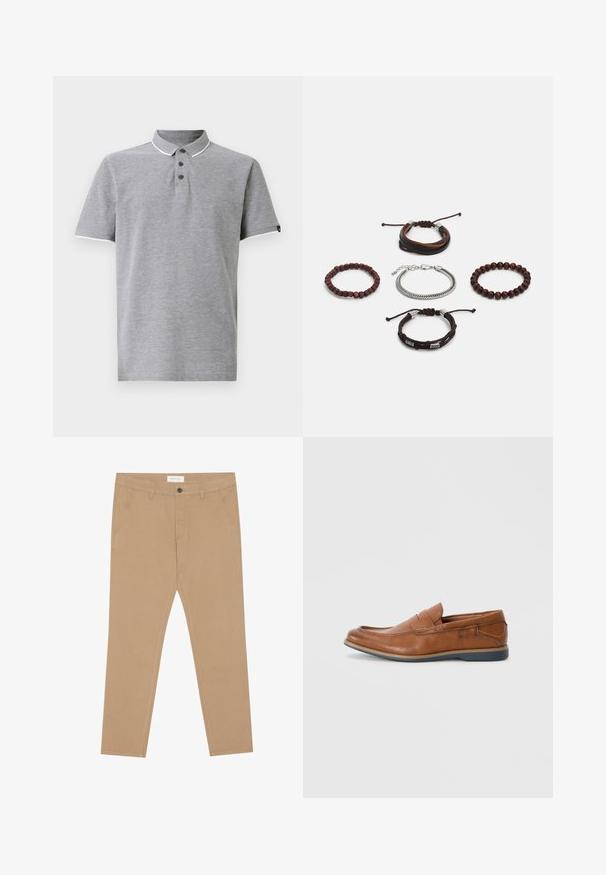 Pelēka polo krekls ar apkakli, ar trīs pogām, baltām akcentiem apkaklītē un piedurknēs, un mīkstu tekstūru.; Haki chinos izgatavoti no kokvilnas maisījuma, ar plakanu priekšpusi, divām sānu kabatām un vienu aizmugurējo kabatu. Viegls audums ar gludu tekstūru.; Brūnas ādas loafers ar apaļu purngalu, ar šuvēm un zemu gumijas zoli. Dizainā ir josla pāri augšējai daļai.; Piecu aproču komplekts, kas sastāv no brūnas ādas, koka pērlītēm un sudraba ķēdes; dažādas tekstūras un formas, ar regulējamiem aizdariem.
