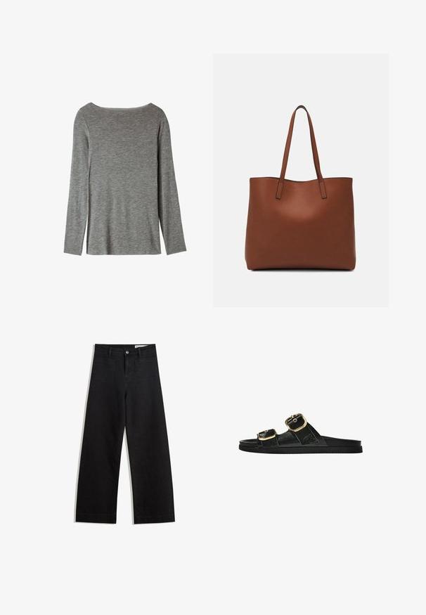 T-shirt gris à manches longues avec un large col, fabriqué en tissu doux. Présente une coupe simple et droite sans embellissements supplémentaires.; Pantalon en denim noir à jambes larges avec une taille haute, comprenant des poches avant et arrière, des coutures piquées et une fermeture à bouton. Texture lisse.; Sandale noire à glissière avec deux accents de boucle en or, en matériau lisse, semelle plate et design minimaliste.; Sac fourre-tout en cuir marron avec une texture lisse, design à ouverture supérieure et deux poignées pour le porter à l'épaule. Présente des coutures minimales et aucun matériel visible.