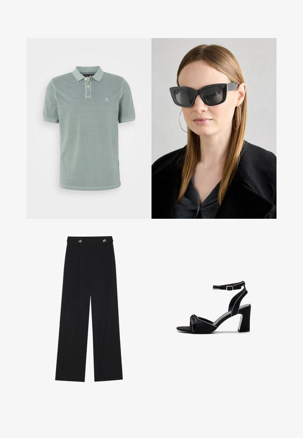 Polo skjorte i dempet grønn bomull, med to-knappers placket, kortermet og en liten brodert logo på brystet.; Svart vide bukser med høy midje, knappdetaljer på midjebåndet og frontplisser.; Sorte semskede hælede sandaler med en bred blokhæle, justerbar ankelrem, åben tå-design og kontrastsyede detaljer.; Sorte katteøyne solbriller med mørke linser, tykke rammer og subtile detaljer. Båret med en svart frakk og grå topp, med langt, rett hår.; Svart lær skulderveske med en buet form, slank håndtak og glidelås. Har en glatt tekstur og subtil logo detaljer.