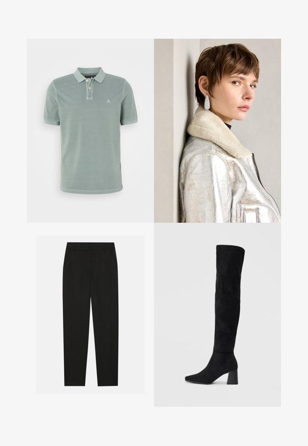 Polo skjorte i dempet grønn bomull, med to-knappers placket, kortermet og en liten brodert logo på brystet.; Sorte bukser med skreddersydd design, med sidelommer og rett ben. Laget av glatt, lett stoff med en elegant finish.; Sorte semskede knelang støvel med blokk-heelsk, spiss tå og glatt, sømløst design på en ensfarget lys bakgrunn.; Sølvmetallisk lærjakke med lammeskinnskrage, med glidelås og strukturert overflate. Store dråpeformede øredobber med klare edelstener.