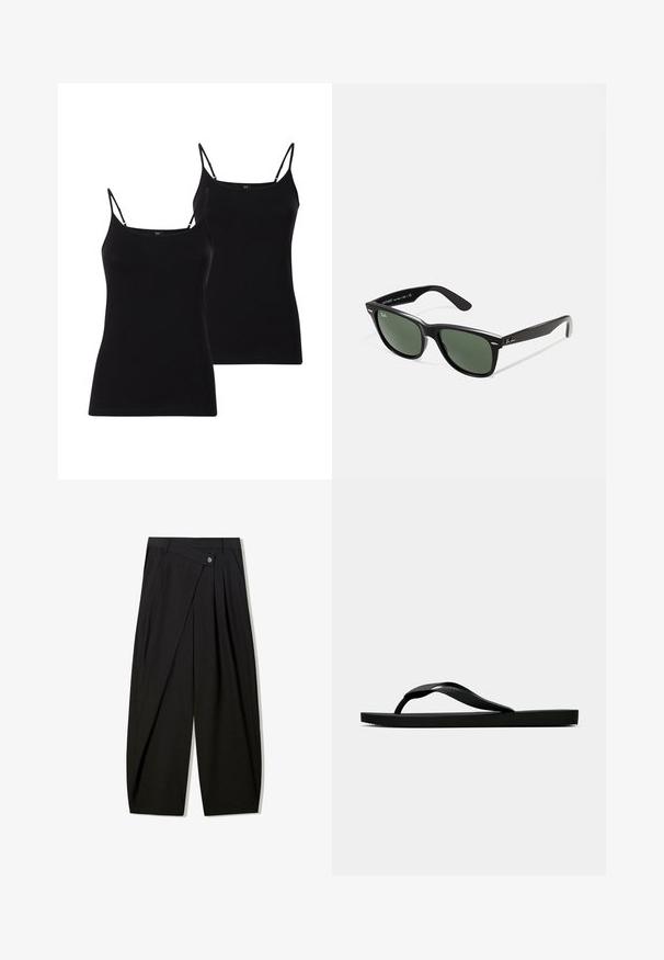 Dva crna topa s tankim trakama, izrađena od mekanog materijala, s uskim dizajnom i glatkom teksturom, idealna za slojevito nošenje.; Crne hlače širokih nogavica izrađene od gladkog materijala, s prednjim plitkim nabranjima, zatvaranjem na gumb i krojem koji osigurava strukturiranu siluetu.; Crne gumene japanke s teksturiranim remenom i jednostavnom ravnom potplatom, prikazane s strane na jednostavnoj svijetloj pozadini.; Crne plastične sunčane naočale s zelenim staklima, kvadratni okviri, srebrni naglasak na obrvi i teksturirane ručke. Naziv brenda naveden na unutrašnjoj strani ručke.; Crna torba od pletene kože s zakrivljenim oblikom, koja ima debelu ručku i zatvaranje na patentni zatvarač. Teksturirana površina s sjajnim završetkom.