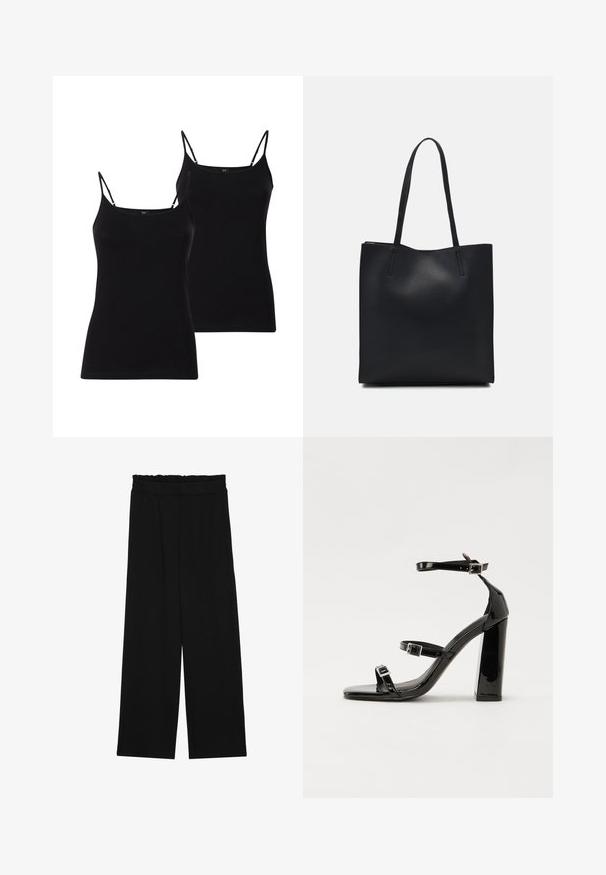 Două topuri negre tip camisole cu bretele subțiri, realizate dintr-un material moale, având un design ajustat și o textură netedă, ideale pentru stratificare.; Pantaloni largi negri cu un tiv volant, cu două buzunare laterale și un material neted, ușor. Fără modele vizibile sau accesorii.; Sandale cu toc din patent negru, cu vârf pătrat, curele la gleznă și catarame din argint. Dispune de un toc gros pentru stabilitate.; Geantă tote neagră din piele, cu textură netedă, formă rectangulară și două mânere lungi. Fără hardware vizibil sau ornamente.