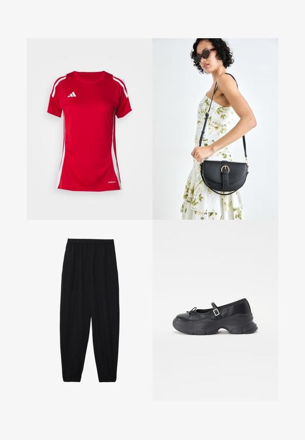 Camisa deportiva roja con mangas cortas, franjas laterales blancas y el logo de Adidas en blanco. Fabricada con tela que absorbe la humedad, etiquetada AEROREADY.; Pantalones negros, ligeros, con cintura elástica y tobillos fruncidos. La tela es suave y presenta un diseño relajado y ajustado.; Zapato Mary Jane de cuero negro con punta redondeada, detalle de lazo y correa ajustable en el tobillo. Presenta una suela de goma gruesa con acentos curvados.; Bolso de piel negra con forma curva, correa desmontable y herrajes dorados. El bolso cuenta con una solapa con un detalle de hebilla.