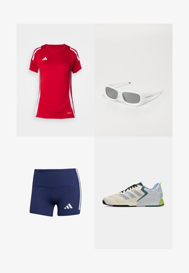 Red athletic shirt featuring short sleeves, white side stripes, and the Adidas logo in white. Made from moisture-wicking fabric, labeled AEROREADY.; Navy blue athletic shorts with a tight fit, made of smooth fabric, featuring white side stripes and a logo on the lower left.; Lightweight athletic shoes featuring a cream mesh upper, grey stripes, a green accent, and a textured blue heel counter. Black laces.; White rectangular Oakley sunglasses with dark lenses resting on a white surface, logo visible on the side.