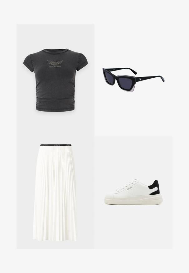 Svart kortermet cropped t-skjorte laget av mykt stoff, med et brodert logo med vinger med "GUESS ORIGINALS" i en bue.; Plissert hvit skjørt med en svart elastisk midje som har "LACOSTE"-logoen. Midjelengde design med myk tekstur.; Hvite lær sneakers med tykk hvit såle, svart semsket hælforsterkning og preget logo på siden. Snøresystem med seks hull.; Store svarte solbriller i overdimensjonert størrelse med geometrisk form, med mørke linser og en kontrasterende grå detalj på rammen. Logo på armen.