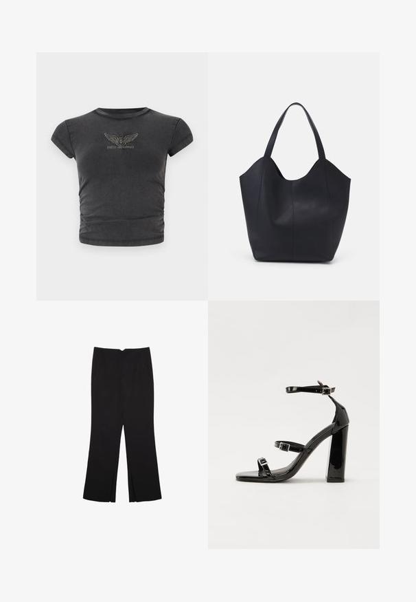 Czarny krótki rękaw, skrócony t-shirt wykonany z miękkiego materiału, z haftowanym logiem w skrzydłach z napisem "GUESS ORIGINALS" w łuku.; Czarne spodnie o prostym kroju, z przednimi kieszeniami i bocznymi rozcięciami na dole. Wykonane z miękkiego, gładkiego materiału. Odpowiednie na różne okazje.; Czarne lakierowane sandały na obcasie z kwadratowym noskiem, z paskami wokół kostki i srebrnymi klamrami. Posiadają masywny słupek dla stabilności.; Czarna torba na ramię wykonana z gładkiej skóry, z zaokrąglonym, otwartym topem i dwoma paskami na ramię oraz minimalistycznym designem.