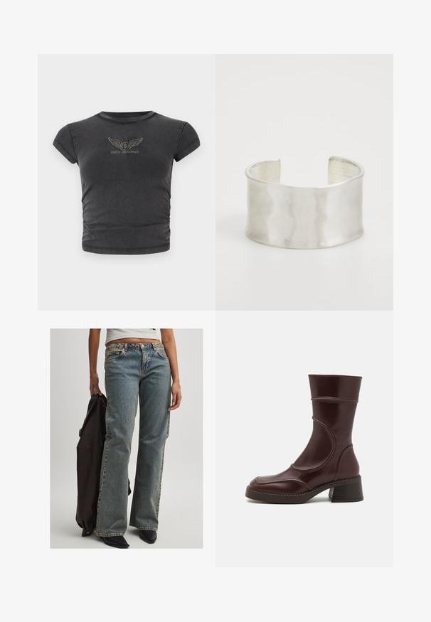 Svart kortärmad croppad t-shirt i mjukt tyg, med en broderad logotyp med vingar och texten "GUESS ORIGINALS" i en båge.; Ljusblå denimjeans med en avslappnad passform, med medelhög midja, synlig sömnad och en klassisk femficksdesign. Svarta skor och en mörk jacka är också närvarande.; MIISTA MALENE - Stövletter - brown; Zign Armband - silver-coloured