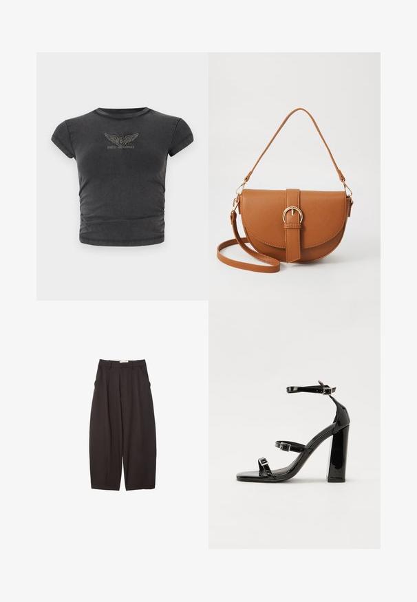 Čierne krátke tričko s krátkym rukávom, vyrobené z jemnej látky, s vyšívaným logom s krídlami a nápisom "GUESS ORIGINALS" v oblúku.; Čierne široké nohavice vyrobené z hladkej tkaniny, s vysokým pásom, prednými skladmi a bočnými vreckami. Jednoduchý dizajn bez ozdôb.; Čierne lakované sandále na podpätku so štvorcovou špičkou, navlečenými remienkami okolo členku a striebornými prackami. Disponujú masívnym blokovým podpätkom pre stabilitu.; Hnedá kožená kabelka cez telo s zakriveným tvarom, zlatými kovovými doplnkami a akcentom s prackou. Obsahuje odnímateľný ramenný popruh.