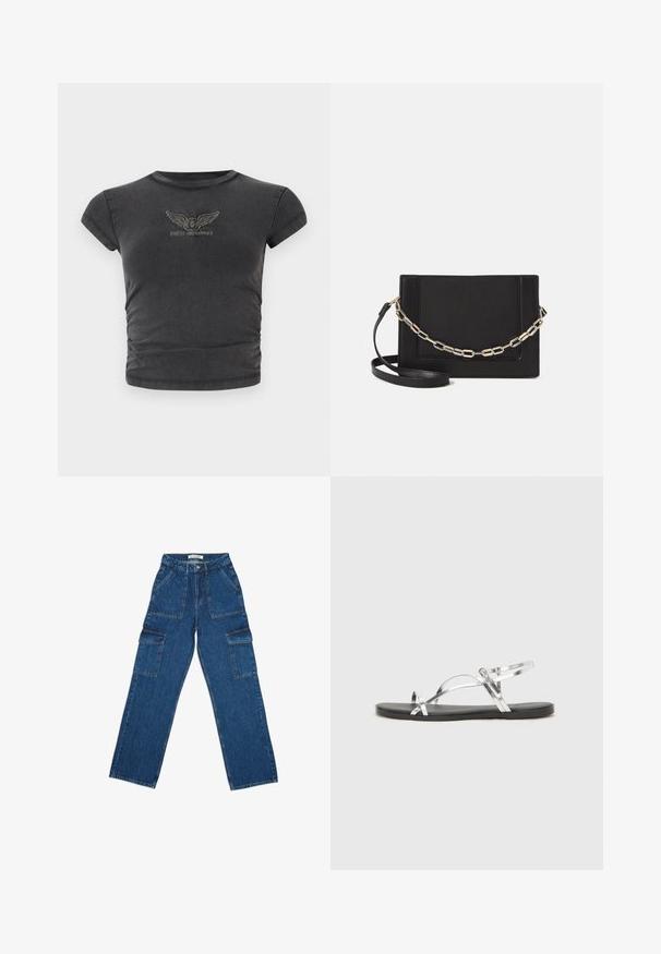 Tricou scurt, negru, cu mânecă scurtă, confecționat dintr-un material moale, având un logo brodat cu aripi și inscripția "GUESS ORIGINALS" în arc.; Pantaloni cargo din denim albastru, cu croi larg, talie înaltă, buzunare frontale și buzunare laterale mari cu clapetă, așezați pe un fundal alb.; Sandale metalice argintii cu un design minimal, având curele subțiri și o talpă plată neagră. Printre elementele de atracție se numără accentele cu curele încrucișate.; Geantă de umăr din piele neagră, cu o textură netedă, formă rectangulară și un detaliu din lanț metalic în față. Include curea reglabilă.