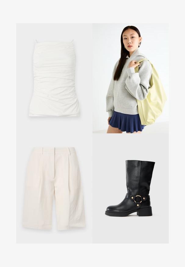 Bílý bezramínkový top vyrobený z hladkého materiálu, s přiléhavým střihem a řasením, a nastavitelnými ramínky.; Bílé lněné kraťasy s elegatním střihem, sklady na přední straně a širokými nohavicemi. Hladká textura a délka do poloviny stehna.; Černé kožené boty do poloviny lýtek s masivním podpatkem a dekoračním páskem s kulatou zlatou sponou na bílém pozadí.; Šedá oversized mikina s klokaní kapsou, spárovaná s námořnickou áčkovou sukní. Doplňky: velký světle žlutý batoh s hladkým povrchem.