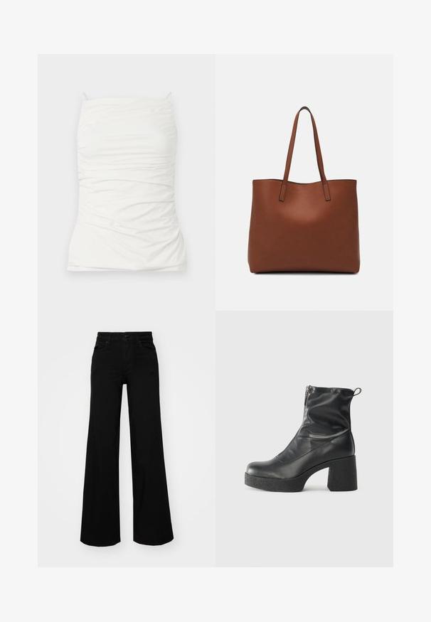 Haut sans manches blanc en tissu lisse, présentant une silhouette ajustée avec des détails froncés et des bretelles réglables.; Pantalons large en denim noir, dotés d'une taille structurée, de passants de ceinture et de poches avant. Texture lisse avec un design classique.; Bottes noires à la cheville en cuir lisse, dotées d'une fermeture éclair sur le côté, d'un talon épais texturé et d'une conception à bout rond.; Sac fourre-tout en cuir marron avec une texture lisse, design à ouverture supérieure et deux poignées pour le porter à l'épaule. Présente des coutures minimales et aucun matériel visible.