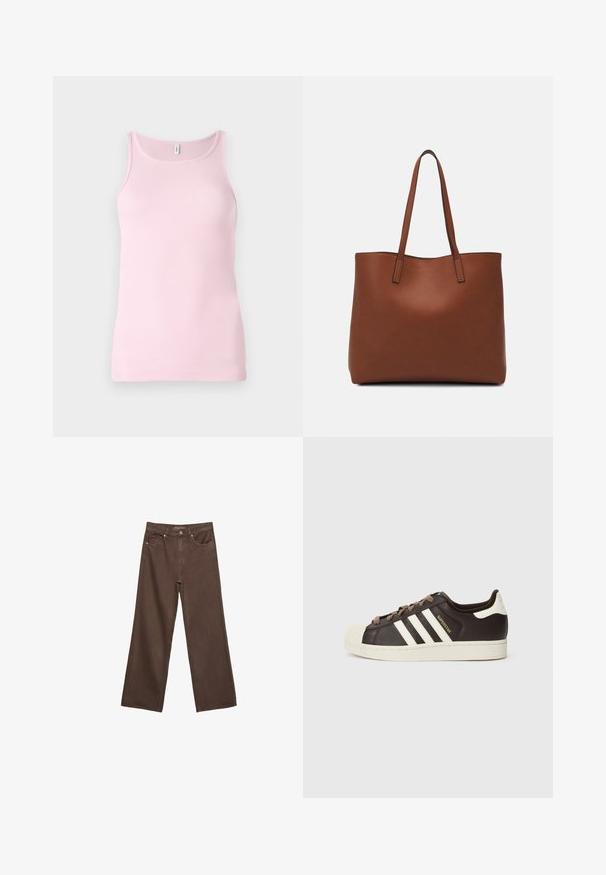 Różowy podkoszulek z prążkowanego materiału o zaokrąglonym dekolcie i bez rękawów. Strukturę materiału cechuje gładkość i dopasowanie, z czystym wykończeniem.; Szerokie brązowe dżinsy wykonane z denimu, z wysokim stanem, przednimi kieszeniami i klasycznym zapięciem na guzik. Gładka faktura z subtelnym przeszyciem.; Niskie trampki Adidas Superstar z ciemnobrązowej skóry z kremowym noskiem w kształcie skorupy, białymi paskami i napisem „Superstar” po boku.; Brązowa skórzana torba tote o gładkiej fakturze, z otwartym wierzchem i dwoma ramiączkami. Charakteryzuje się minimalnym przeszyciem i brakiem widocznych elementów metalowych.