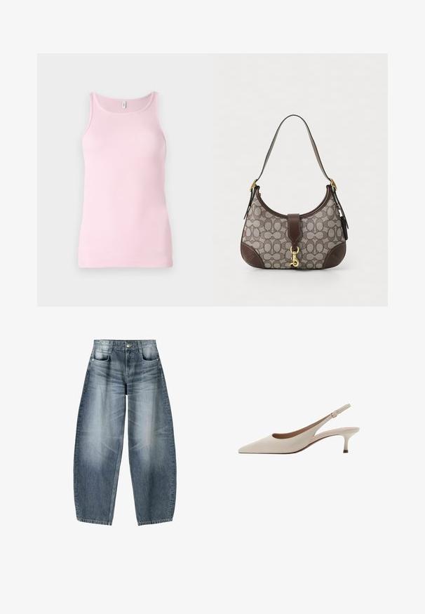 Roze geribbelde tanktop met een ronde halslijn en mouwloos ontwerp. De stof is glad en nauwsluitend, met een nette zoom.; Wijd gesneden jeans van lichtblauwe denim met vervaging, met een vijf-pocket ontwerp, knoopsluiting en minimale stikdetails.; Beige slingback hakken met een puntige neus en een lage, uitlopende hak. Gemaakt van glad leer met een minimalistisch ontwerp en een verstelbare band.; COACH HAMPTONS HOBO BAG IN SIGNATURE JACQUARD - Handtas - oak maple
