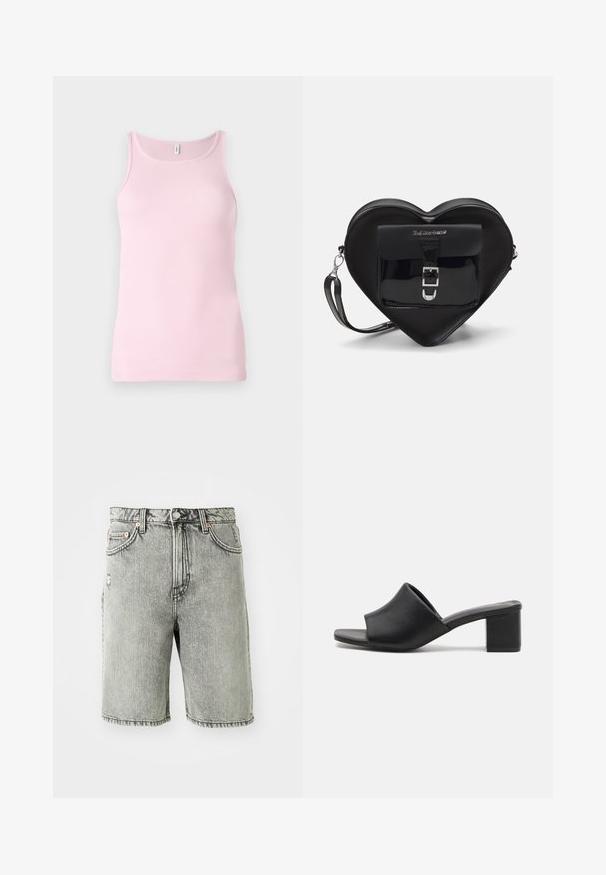 Top senza maniche a coste rosa con scollatura rotonda. La texture del tessuto è liscia e aderente, con un orlo pulito.; Shorts in denim grigio con un design classico a cinque tasche, una finitura sbiadita e dettagli cuciti all'orlo e alla vita.; Mule nere in pelle con tacco a blocco e apertura sulla punta, con una superficie liscia e una tomaia leggermente curva per comfort e stile.; Borsa a forma di cuore nera in pelle verniciata, con una tasca frontale dotata di chiusura a fibbia e tracolla rimovibile. Dettagli in hardware argentato.