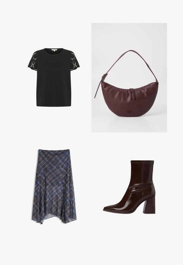 Czarna krótka koszulka z krótkim rękawem z koronkowymi detalami na rękawach, gładka tekstura, okrągły dekolt i luźny krój.; Czarna spódnica w kratę z niebieskimi i brązowymi liniami, o zwiewnym fasonie, midi długości, wykonana z lekkiego materiału o gładkiej fakturze.; Brązowy lakierowany botek sięgający kostki z wydłużonym noskiem, elastycznym ankletem oraz grubym, blokowym obcasem. Elegancki design z gładką fakturą.; Bordowa skórzana torebka o zaokrąglonym kształcie, z zamkiem błyskawicznym, dwoma suwakami i krótkim paskiem na ramię. Szczegóły obejmują wytłoczone logo.