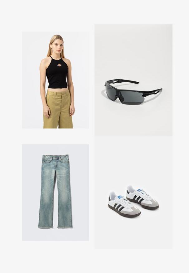 Fekete trikó, amelyen egy kis, színes logó található a mellkason, olajzöld, magas derekú nadrággal párosítva, elöl pliszékkel.; Világoskék farmernadrág enyhe kopással, öt zsebbel, gombos záródással és egyenes lábakkal fehér háttér előtt.; Fehér bőr felsőrészes sportcipő, szürke velúrból készült orral és három fekete csíkkal. Jellemzője a kék logó a nyelvén és egy texturált gumitalp.; Fekete sport napszemüveg ívelt lencsékkel, könnyű műanyag kerettel és texturált szárakkal. Elegáns dizájn integrált orrnyereggel.; Fekete szőtt bőr kézitáska laza dizájnnal, csomózott pánttal és egy kis díszes arany szegeccsel a tetején.