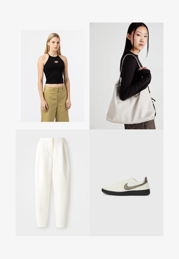 Črn halter krojen top s majhnim pisanem logotipom na prsih, v kombinaciji z olivno zelenimi hlačami visoke pasu z sprednjimi gubami.; Bela visoko pasovana tapered hlače z zadrgo na sprednji strani in stranskimi žepi, prikazane na enotnem belem ozadju.; Nike Sportswear FIELD GENERAL - Športni copati - off-white/black; Bežna torbica iz mehkega materiala, z ohlapno zasnovo, šivi in dvema naramnicama. Primerna za vsakodnevno uporabo.