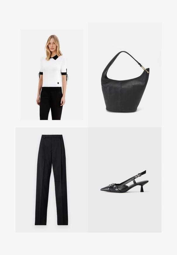 Biały sweter z krótkim rękawem, z czarnym kołnierzykiem i obszyciem. Czarny akcent na rękawach z wiązaniami. Z przodu ma mały czarny emblemat.; Czarne spodnie wykonane z gładkiego materiału, z wysokim stanem, szerokimi nogawkami, fałdami z przodu i klasycznymi szlufkami na pasek. Brak widocznych kieszeni bocznych.; Czarne skórzane buty typu slingback z ostrym noskiem, ozdobnymi paskami z metalowymi oczkami oraz niskim klinowym obcasem. Teksturowana powierzchnia.; Czarna skórzana torebka o okrągłym kształcie, z szerokim paskiem i teksturowanym wykończeniem. Posiada subtelny detal szwu i akcenty w odcieniu złota.