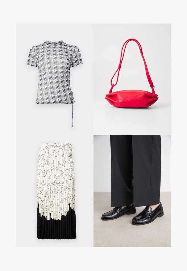 Top ajustado de manga corta con un patrón geométrico en blanco y negro que presenta el logo "HUGO" y un cordón lateral para ajuste.; Falda plisada con un patrón floral en blanco y negro, con una parte superior clara adornada con flores y un dobladillo inferior negro sólido.; Mocasines de cuero negro con un acabado suave, con costuras alrededor de la punta y una suela de goma baja. Combinados con pantalones anchos negros.; Bolso de mano de cuero rojo con una forma delgada y redondeada. Cuenta con una única correa ajustable y una textura suave con detalles de costura sutiles.