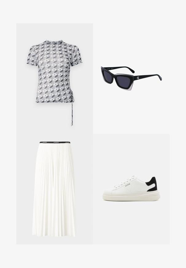 Kurzärmeliges, figurbetontes Top mit einem geometrischen schwarz-weißen Muster, versehen mit "HUGO" Branding und seitlichem Kordelzug zur Anpassung.; Faltenrock aus Weiß mit einem schwarzen elastischen Bund, der das "LACOSTE"-Logo trägt. Mittellanges Design mit weicher Textur.; Weiße Leder-Sneaker mit einer dicken weißen Sohle, schwarzem Wildlederakzent an der Ferse und geprägtem Logo an der Seite. Schnürdesign mit sechs Ösen.; Schwarze übergroße Sonnenbrille mit geometrischer Form, ausgestattet mit dunklen Gläsern und einem kontrastierenden grauen Detail im Rahmen. Logo am Bügel.