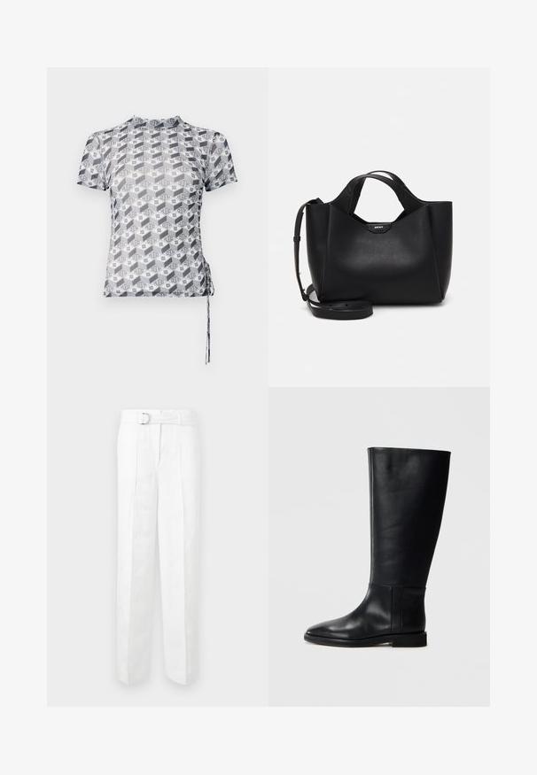 Top aderente a maniche corte con un motivo geometrico in bianco e nero, con il marchio "HUGO" e coulisse laterale per la regolazione.; Pantaloni bianchi su misura con gamba larga, passanti per cintura e una cintura con fibbia in argento. Realizzati in tessuto leggero con una texture liscia.; Stivale in pelle nera al ginocchio con punta arrotondata, texture liscia, design minimalista e suola piatta. Dettagli di cucitura semplici sulla gamba.; Borsa a tracolla in pelle nera con finitura testurizzata, forma angolare, doppi manici e tracolla regolabile. Presenta un accento con il logo DKNY.