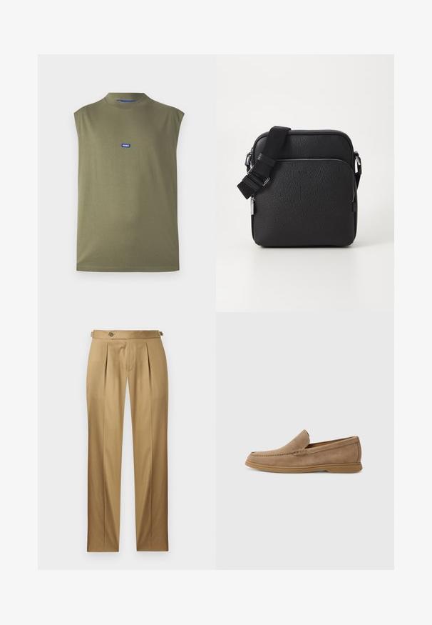 Hihaton oliivinvihreä toppi, joka on valmistettu pehmeästä kankaasta ja jossa on korkea kaulus sekä sininen HUGO-logo rinnassa. Sileä pinta, minimalistinen muotoilu.; Beiget suoralahkeiset housut, joissa on laskokset, napillinen suljenta ja vyölenkit. Sileä kangas ja siisti, räätälöity ilme.; Ruskeat mokka-kankaiset loaferit, joissa on sileä pinta ja ommeltu yksityiskohta; varustettu kumipohjalla pitävän otteen takaamiseksi.; Musta nahkainen olkalaukku, jossa on rakennepinta, edessä vetoketjulla varustettu tasku, säädettävä hihna ja metalliset yksityiskohdat.