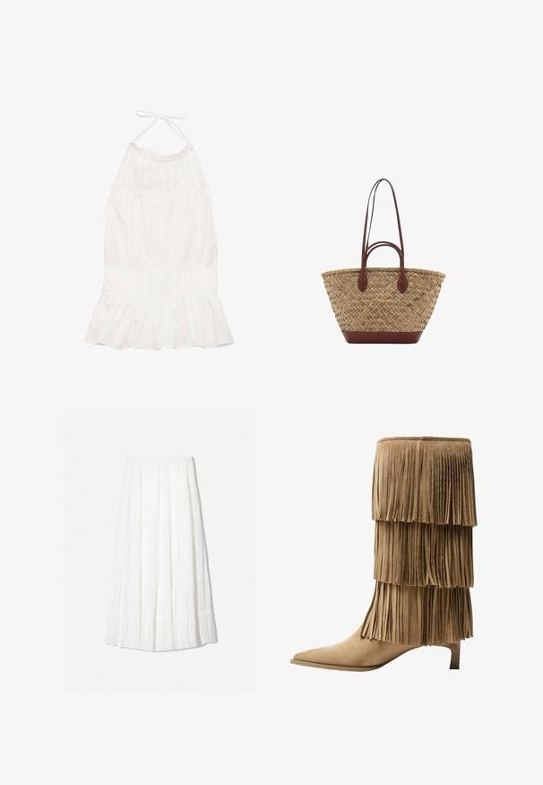 Bílé šaty s halter krkem, které mají nařasenou korzetovou část, volánkový lem a měkkou texturu látky. Nastavitelná uvázání kolem krku.; Bílá maxi sukně vyrobená z lehkého materiálu s vrstveným designem a horizontálními švy. Elastický pás s volným siluetou.; Pohodlné kotníkové boty v hnědé nubukové kůži s třemi vrstvami třásní. Špičatá špička a nízký blokový podpatek. Hladký povrch po celé délce.; Tkaná slaměná taška s pletenou texturou, tmavě hnědé kožené uchy a dnem, široký kulatý tvar a otevřený vrchní design.