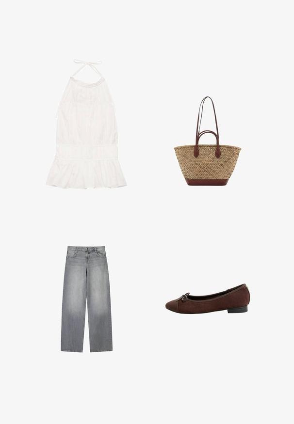 Abito bianco con scollatura all'americana, caratterizzato da un corpetto arricciato, orlo con volant e una morbida texture del tessuto. Laccetti regolabili sul collo.; Jeans in denim grigio a gamba larga con una finitura leggermente sbiadita, dotati di cinque tasche, chiusura frontale con bottone e passanti per cintura.; Ballet flat in suede marrone con punta arrotondata e un fiocco decorativo sulla parte anteriore, caratterizzato da un tacco basso e un design semplice.; Borsa tote in paglia intrecciata con texture a treccia, manici e base in pelle marrone scuro, forma circolare larga e design con apertura superiore.