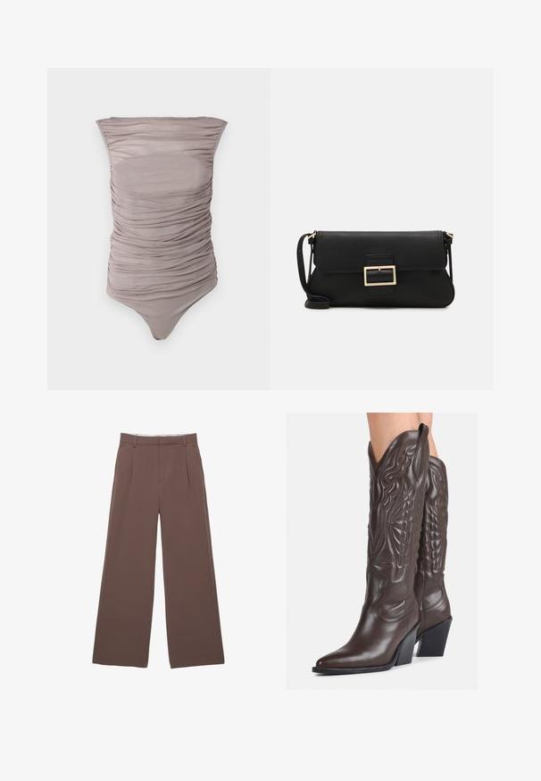 Hladký jedno-dielny plavky v jemnej taupe farbe so zberaným detailom. Má bezramienkový dizajn a pôsobivý strih s vysokým výrezom a hladkou textúrou.; Široké nohavice z pevnej hnedej látky s hladkou textúrou, prednými záhybmi a prispôsobeným pásom. Žiadne viditeľné logo ani vzory.; Hnedé kožené kovbojské topánky s špicatou špičkou a blokovým podrážkou, so zložitým prešívaním a vyvýšenými akcentmi na puzdre.; Čierna kožená clutch taška s klopou a zlatým kovovým detailom s prackou. Obsahuje čierny remienok a elegantný, minimalistický dizajn.; Zlaté kruhové náušnice, tenké a okrúhleho tvaru, s hladkým kovovým povrchom a bez ozdôb alebo vzorov.