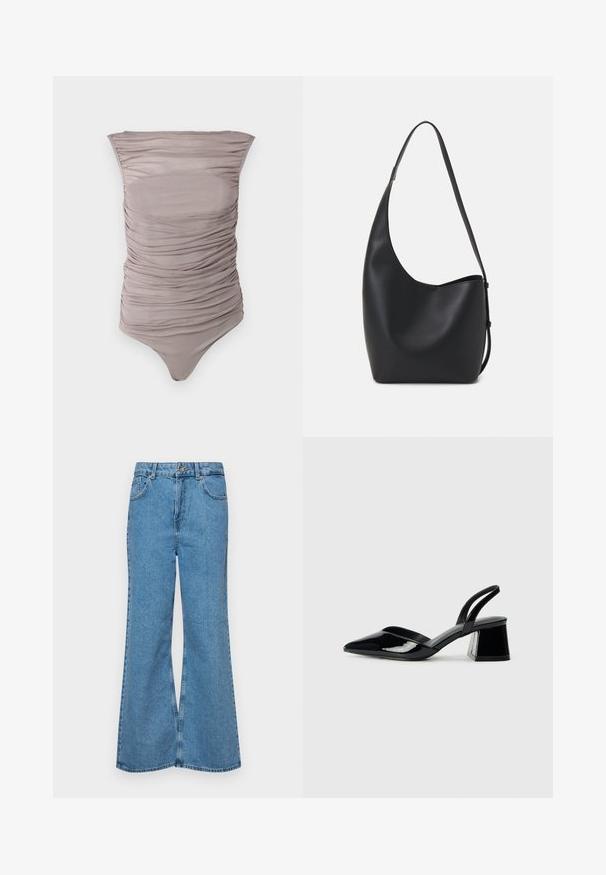 Jednodijelni kupaći kostim od rastezljive tkanine u blago taupe boji. Ima bezrukavni dizajn i laskavu siluetu, s visokim izrezom na nogama i glatkom teksturom.; Svijetloplave traperice s flared nogavicama, visokog struka, s pet džepova i jednim dugmetom za zatvaranje. Mekani materijal s izblijedjelim izgledom.; Crne lakirane kožne sandale s otvorenom petom i špicastim vrhom, s geometrijskom blok petom. Imaju elegantan, minimalistički dizajn i glatku teksturu.; Crna kožna hobo torba s glatkom teksturom, zakrivljenim oblikom i jednom podesivom trakicom; ima širok otvor na vrhu.