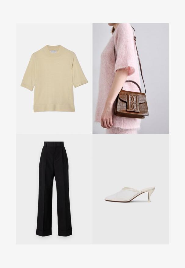 Tiger of Sweden WINNIS - Lihtne T-särk - paper white; Kõrgendatud mustad püksid, valmistatud puuvillast. Omab laia säärte disaini, voldikuid ja keeratud sääri. Sile tekstuur, ilma nähtavate mustrite või riistvara.; Valge võrkmaterjalist teravatoa mulli king, millel on peen keskmise kõrgusega konts ja libisev disain, tühjal taustal.; Pruun krokodillimustriga käekott koos ülemise käepideme ja õlavöödiga. Esiküljel on väljapaistev logo. Pehme tekstuur.