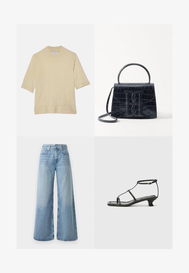 Tiger of Sweden WINNIS - Jednoduché tričko - paper white; Světle modré džíny s širokými nohavicemi a vysokým pasem, které mají čtyři kapsy, zapínání na knoflík a jemné vyblednutí na látce.; Černá kožená sandál s čtveratou špičkou, tenkými popruhy, nastavitelným kotníkovým popruhem a nízkým podpatkem. Obsahuje malý zlatý akcent na popruhu.; Černá kabelka z krokodýlí kůže s embosovaným vzorem, strukturovaným designem, horním uchycením, nastavitelným popruhem a výrazným logem na přední straně.
