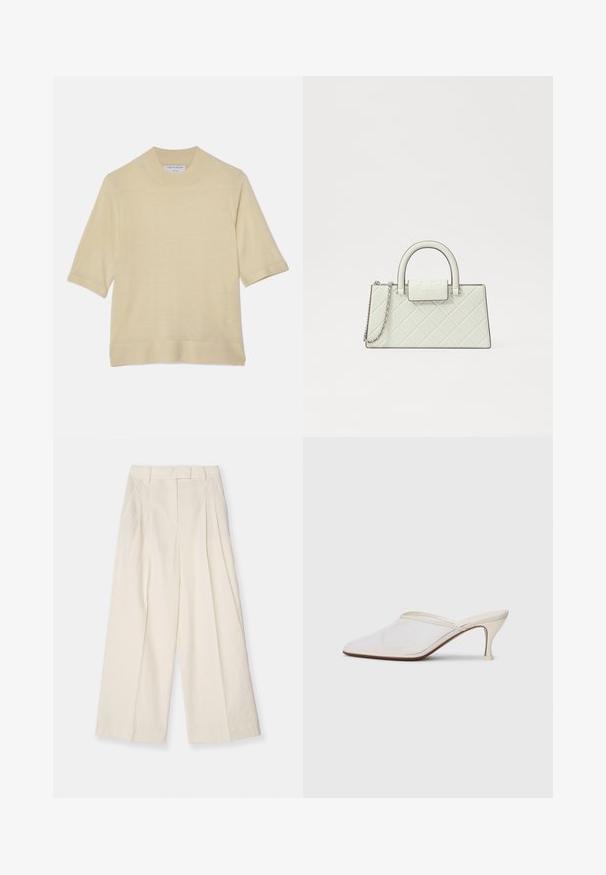 Tiger of Sweden WINNIS - Paprasti marškinėliai - paper white; Platus kojos kelnės iš tekstūruoto smėlio spalvos audinio. Raukšlėtas aukštas liemuo, diržo kilpos ir švarus, minimalus dizainas.; Baltos tinklelio smailiakojės mules su plonu vidutinio aukščio kulnu ir užkulnio dizainu ant vientiso fono.; Kvadruotas baltas rankinės su struktūrizuotu dizainu, viršutine rankena, nuimama grandinėlė ir iškilus logotipas ant užsegimo.