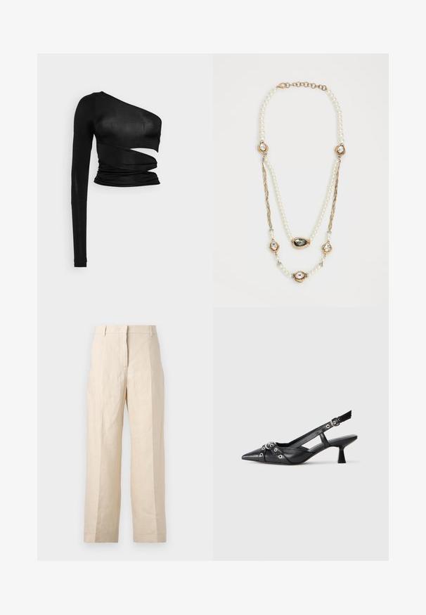 Černý top s dlouhým rukávem, který se vyznačuje asymetrickým výřezem, nařasením a hladkým, elastickým materiálem.; Bežové lněné kalhoty s volným střihem, sklady na přední straně a rovnými nohavicemi. Mají pas s poutky na opasek a žádné viditelné kapsy.; Černé kožené slingback boty s špičatou špičkou, dekorativními pásky s kovovými očky a nízkým blokovým podpatkem. Texturovaný povrch.; Perlový náhrdelník s zlatými akcenty, obsahující tři osazené drahokamy a část se zapleteným řetízkem. Barevná paleta zahrnuje bílou a zlatou.