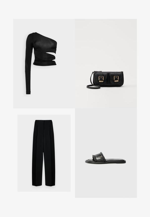 Juodas ilgomis rankovėmis viršus su asimetriniu išpjovimo dizainu, raukšlėmis ir sklandžiu, elastingu audiniu.; Juodos plačios kelnės su aukštu liemeniu, su klostėmis ir glotnia tekstūra. Medžiaga atrodo lengva ir dailiai krenta.; Juodos odinės šlepetės su pintais dirželių detalėmis, plokščiu padu ir elegantišku dizainu. Sklandži tekstūra ir minimalistiška forma.; Juodas odinis per petį nešiojamas krepšys su dviem priekiniais kišenėmis, auksiniais sagtimis, užtrauktuko uždarymu ir siauromis petnešomis. Textūruota paviršius ir kompaktiškas stačiakampis formatas.