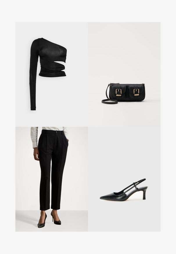 Svart långärmad topp med en asymmetrisk utskärning, rynkdetaljer och ett mjukt, elastiskt tyg.; Svarta skräddarsydda byxor med hög midja, med veck, knappstängning och sidofickor. Tillverkade av ett mjukt tyg.; Svart lackskin slingback-häl med spetsig tå, med texturerad ormskinnsprint, justerbar rem och en kort, texturerad blockklack.; Svart läderaxelväska med två framfickor, guldspännen, dragkedjestängning och en smal rem. Texturerad yta och kompakt rektangulär form.