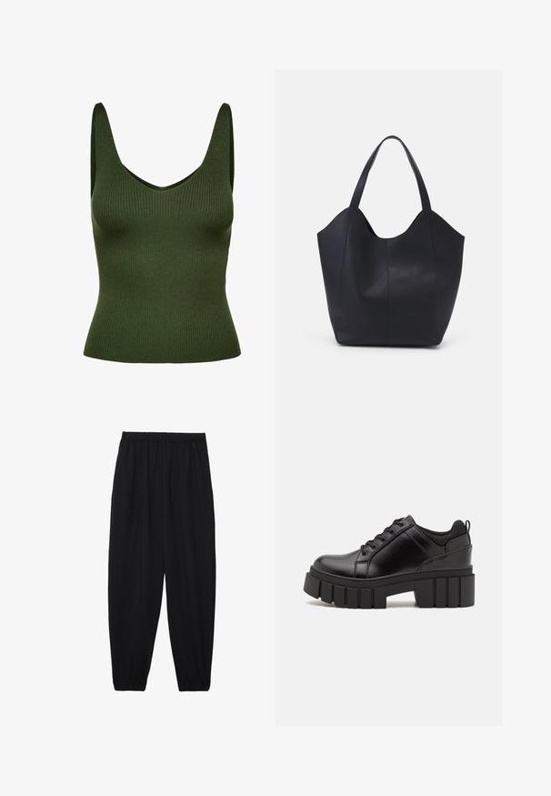 V-aukko ja leveillä hihnoilla varustettu ribbikuvioitu vihreä toppi. Teksturoitu materiaali tarjoaa muotoilun, joka on tiukka ja saumaton.; Mustat, kevyet housut, joissa on joustava vyötärö ja kerätyt nilkat. Kangas on sileä ja siinä on rento, kapeneva muotoilu.; Mustat nahkakengät, joissa on lättihenkinen korko, pyöreä kärki ja perinteinen nauhakiinnitys. Ominaisuuksiin kuuluu sileä pintakuvio ja minimaalinen yksityiskohtaisuus.; Mustat kangaskassit, jotka on valmistettu sileästä nahasta, jossa on kaareva, avoin yläosa, kaksi olkahihnaa ja minimalistinen muotoilu.