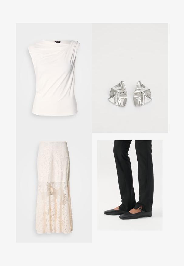 Bijela bluzica s jednom naramenicom, izrađena od mekanog materijala. Ima suptilnu teksturu i uski kroj. Oznaka je vidljiva na izrezu oko vrata.; Krem suknja midi od cvjetne čipke; sadrži slojeviti dizajn s prozirnim dijelovima, teksturiranom čipkom i raširenim rubom.; Crne kožne balerinke s uskim vrhom, trakica sa srebrnom kopčom, u kombinaciji s crnim krojenim hlačama s otvorenim rubom.; Srebrne metalne naušnice s valovitim, skulpturalnim dizajnom, naglašenim sjajnom završnom obradom i nepravilnim oblicima, što ističe suvremeni estetski izraz.