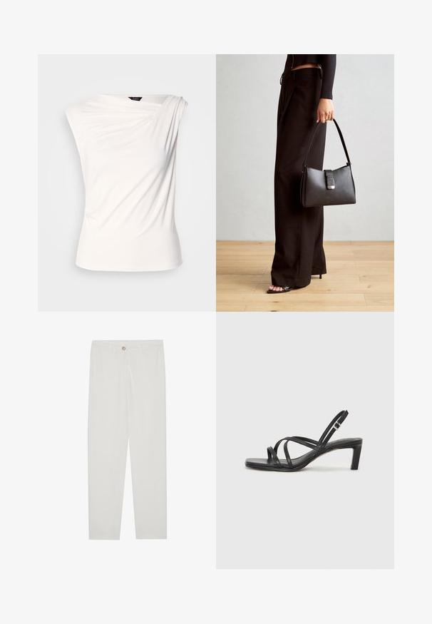 Biely top s jedným ramienkom, vyrobený z jemnej textílie. Má jemnú štruktúru a priliehavý strih. Štítok viditeľný na výstrihu.; Biele, priliehavé nohavice s rovnými nohavicami, so zapínaním na gombík, pútkami na opasok a bočnými vreckami; hladká textúra látky.; Čierne sandále na vysokom podpätku so štvorcovou špičkou a nízkym blokovým podpätkom. Obsahujú viacero tenkých popruhov a nastaviteľný členkový popruh. Vyrobené z hladkej kože.; Čierna kabelka so štruktúrovaným tvarom, hladkou textúrou a kovovou sponou. V kombinácii so širokými čiernymi nohavicami a sandálmi s otvorenou špičkou na drevenej podlahe.