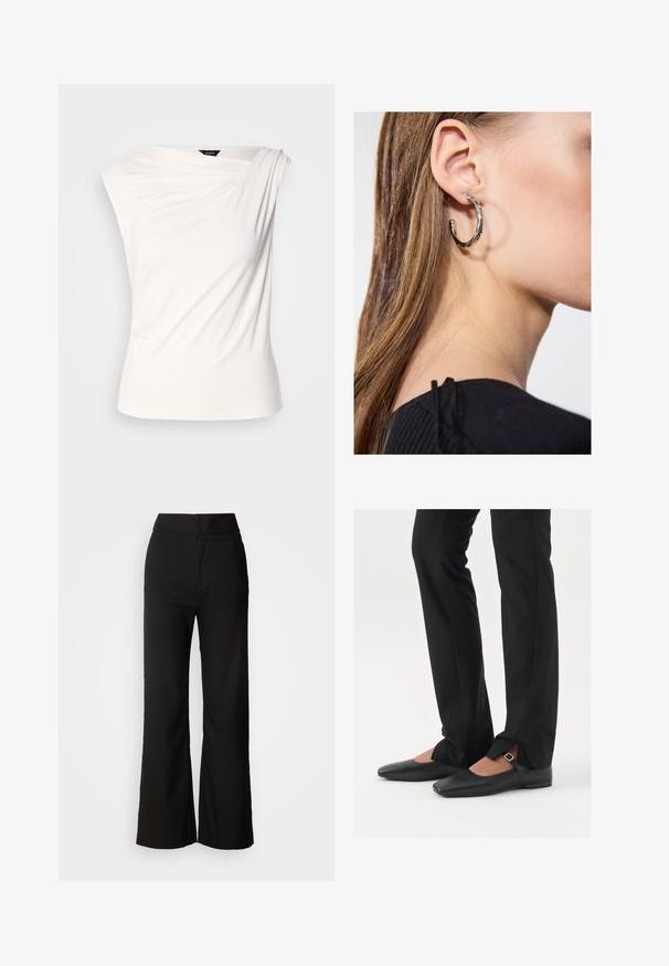 Weißes drapiertes Oberteil mit einseitigem Design, aus weichem Stoff gefertigt. Verfügt über eine dezente Textur und eine figurbetonte Silhouette. Etikett am Nackenausschnitt sichtbar.; Schwarze weit geschnittene Hosen mit glatter Textur, hoher Taille und klarem Design. Keine sichtbaren Taschen oder Verzierungen.; Schwarze Leder-Ballerinas mit spitzer Zehenpartie, Riemchen mit silberner Schnalle, kombiniert mit schwarzen taillierten Hosen mit Schlitzsaum.; Silberne Creolen mit polierter Oberfläche, die kleine goldene Akzentdetails und eine runde Form aufweisen, am Ohrläppchen getragen.